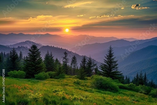 Sun Setting Over Mountain Range © BrandwayArt