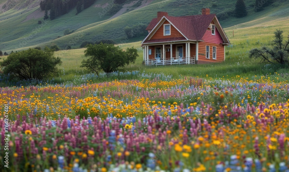 Obraz premium A charming cottage nestled amidst a field of spring wildflowers