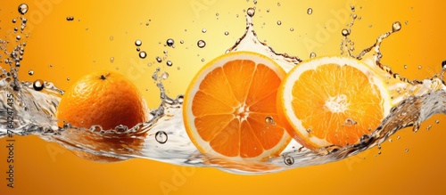 Oranges splashed water yellow background