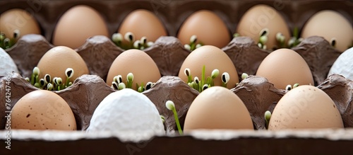 Sprouting eggs with eyes on a tray photo