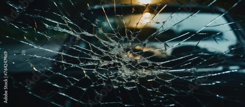 A car's broken glass window with a vehicle in the background photo