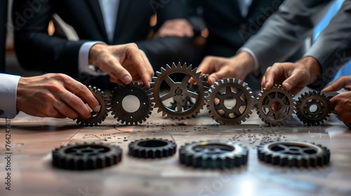 a group of business professionals combining mechanical gears on the surface of a table, symbolizing growth and teamwork in the business,