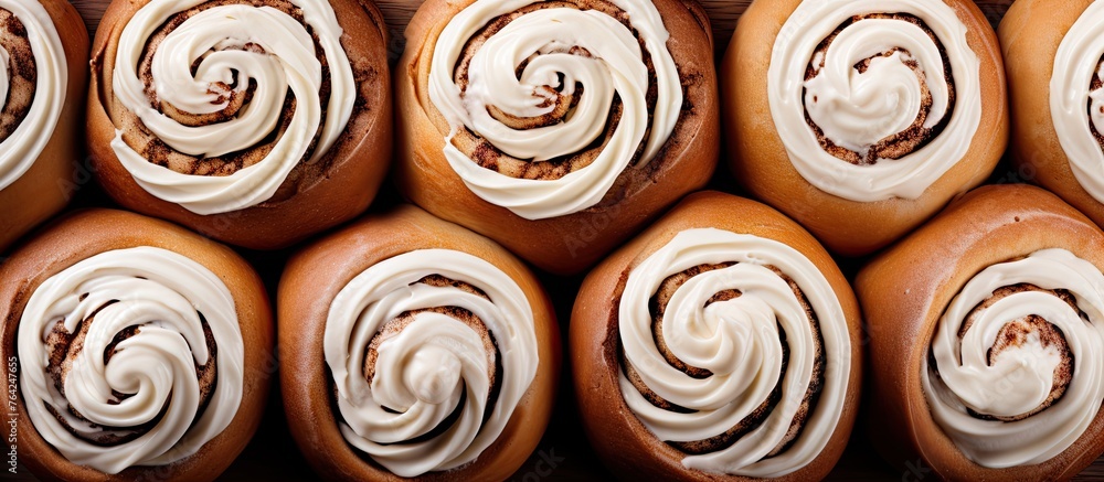 A tray of sweet cinnamon rolls topped with frosting