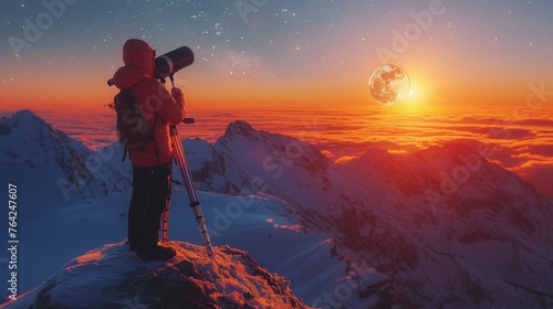 Person Standing on Mountain, Looking at Sky