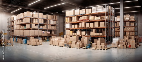 Warehouse interior with stacked pallets and shelves full of boxes