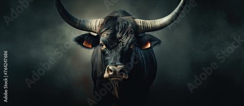 Brave bull with large horns in dim light