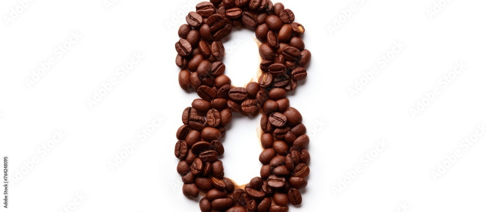 Number eight formed by coffee beans and paper cutout on white background Number eight formed by coffee beans and paper cutout on white background