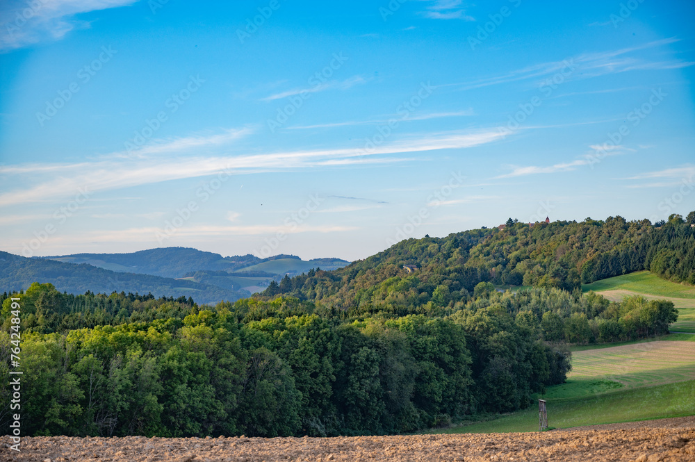 beautiful landscape of Austrian nature in Burgendand. Hills with forest and beautiful sky