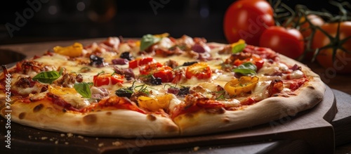 Italian pizza with cheese, tomato, and assorted toppings on wooden platter