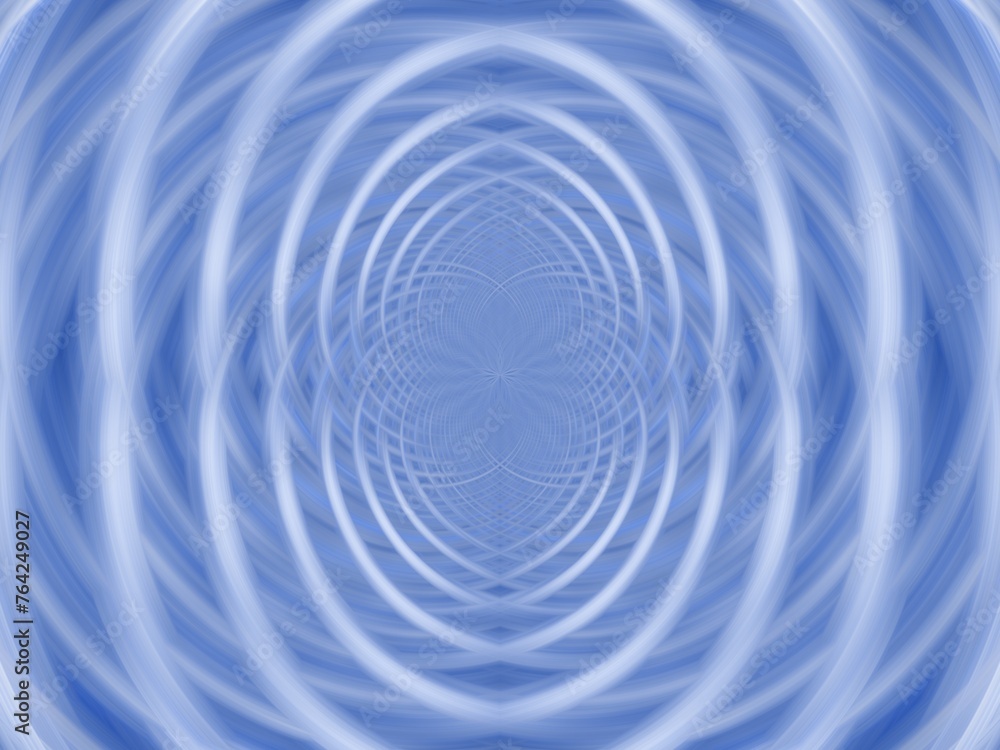 Blue background with symmetrical pattern, oval and round shapes and effect of rays in motion, blur, lines, depth and space - abstract graphic. Topics: wallpaper, abstraction, pattern, art of computer