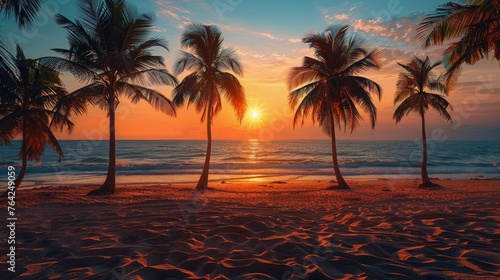 Sunset on Beach With Palm Trees