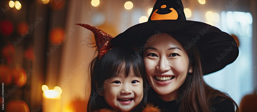 Woman and child in Halloween costumes Woman and child in Halloween costumes