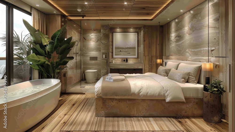 Bedroom With Large Bed and Bathtub