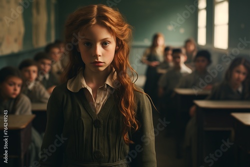 A young girl stands confidently in front of a classroom filled with attentive students. © Oleksandr
