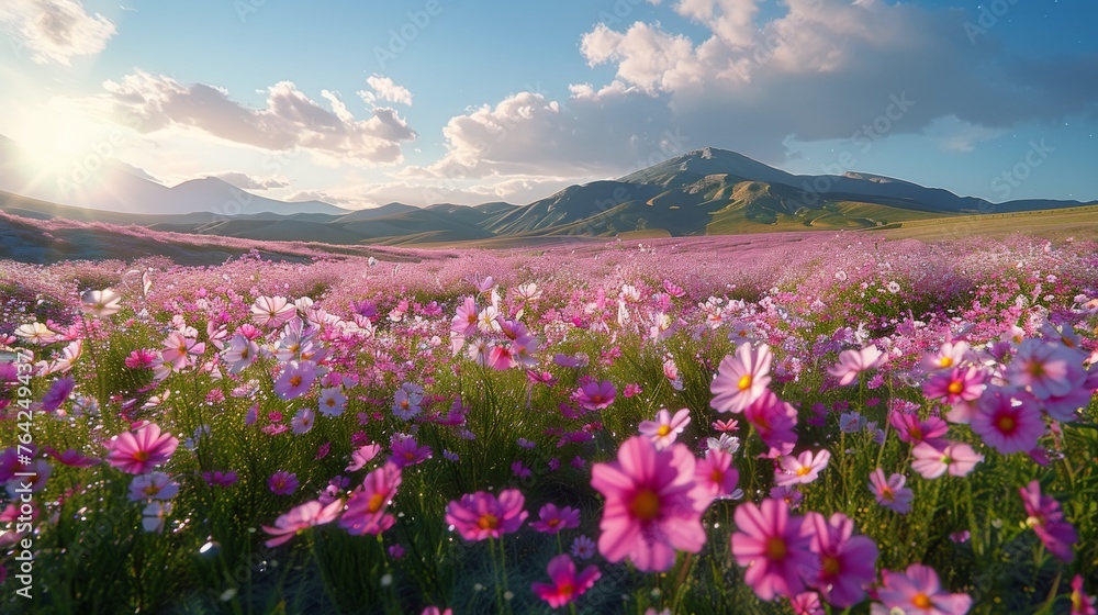Field of Pink Flowers Under Blue Sky