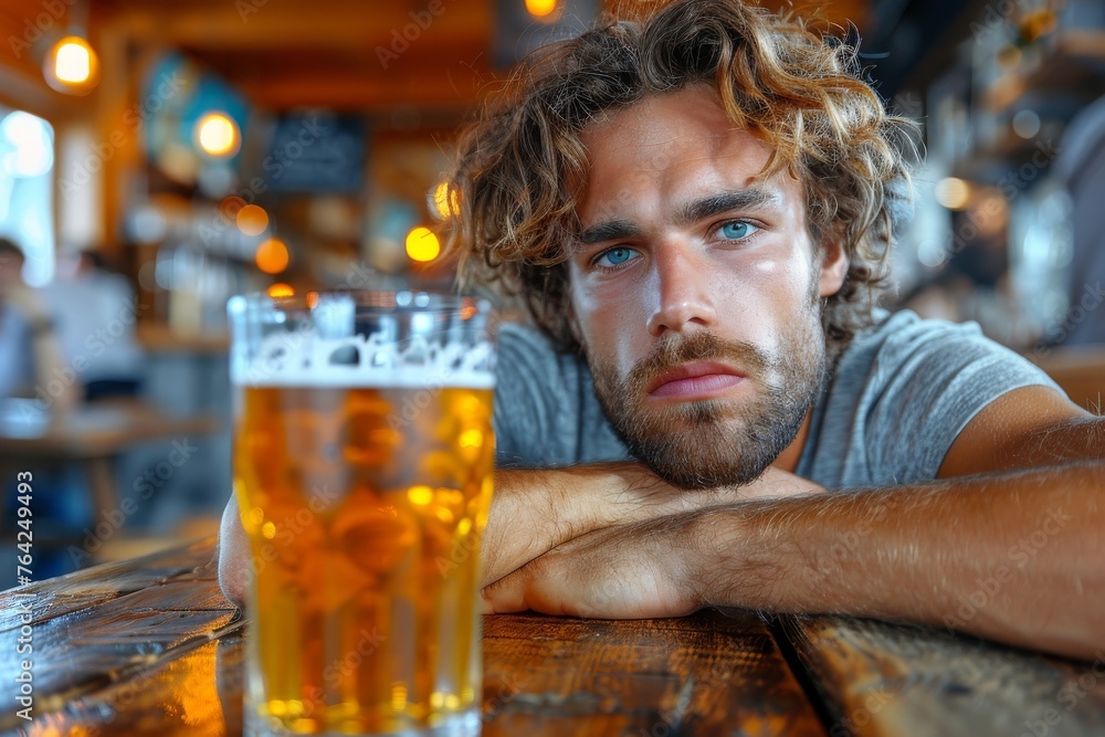 A contemplative young man with curly hair gazes past a pint of beer on a wooden pub table, surrounded by warm bokeh lights