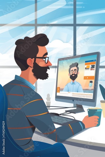 A man participating in a virtual team meeting