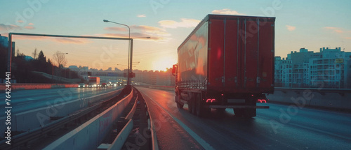 Truck vehicle driving moving on highway road. Business service. Freight lorry trailer shipping distribution  delivering logistic commercial shipment  transportation industry  cargo delivery transport.