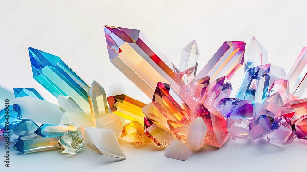 Crystals arranged in intricate patterns, their vivid rainbow colors spraying outwards against a pristine white background, creating a stunning visual spectacle.