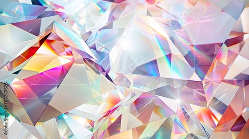 Crystals arranged in intricate patterns, their vivid rainbow colors spraying outwards against a pristine white background, creating a stunning visual spectacle.