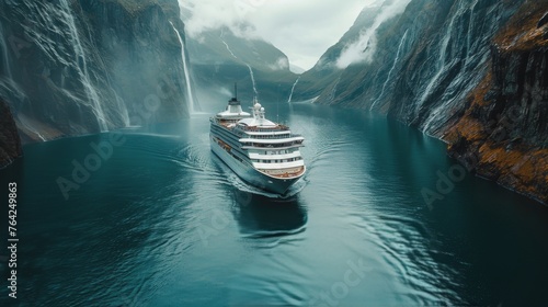 Cruise Ship Sailing in Mountainous Waters