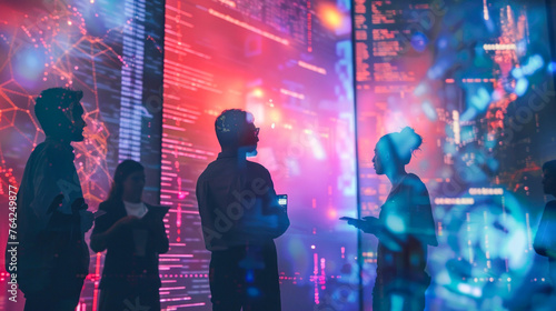 Figures stand in a digital environment with information and holographic projections all around them