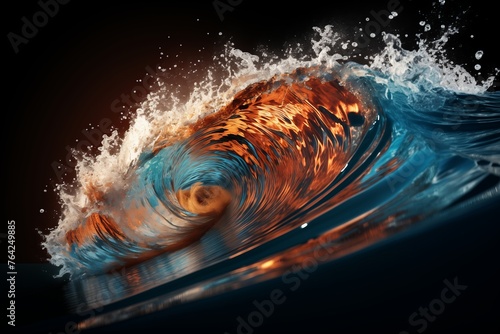 A detailed view of a powerful ocean wave rolling in the open sea. photo