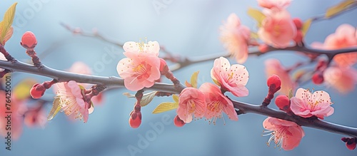 A branch with pink blossoms on it
