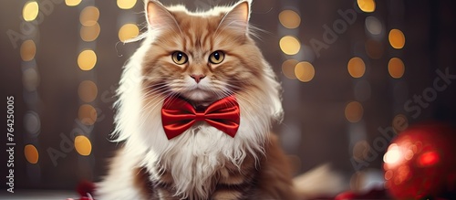 Cat wearing a red bow tie seated on a table photo