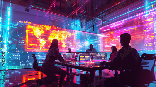 People work at desks with holograms of interactive data screens floating before them in a neon-lit room