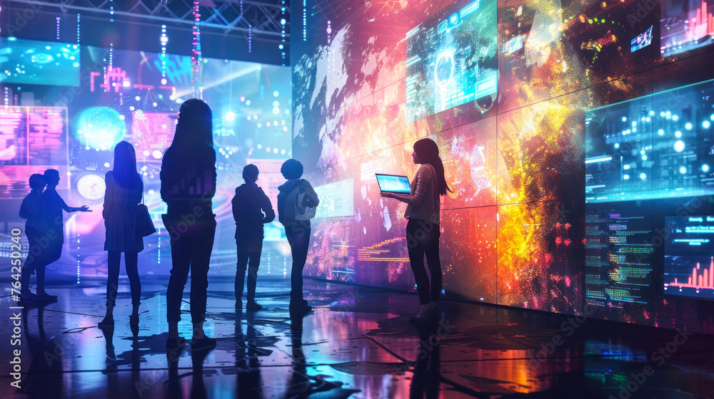 People are silhouetted against a backdrop of brightly colored data screens in a futuristic setting People are silhouetted against a backdrop of brightly colored data screens in a futuristic setting