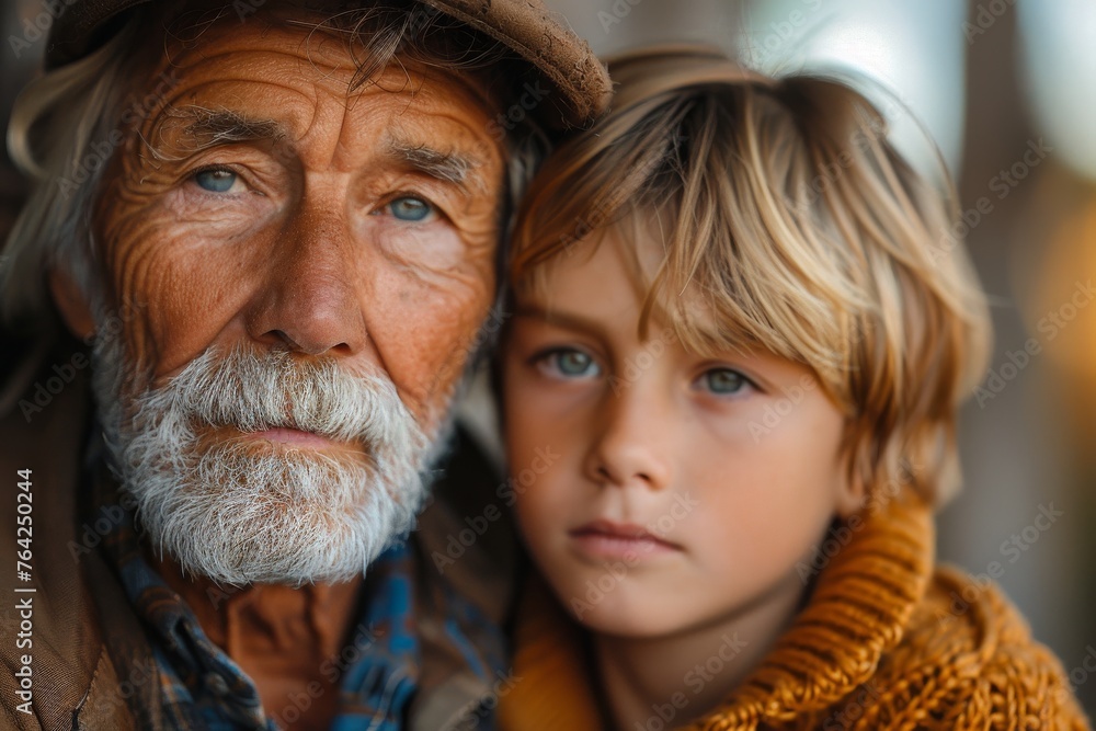 Solemn looking elderly man in a hat stands with a child outdoors during autumn Solemn looking elderly man in a hat stands with a child outdoors during autumn