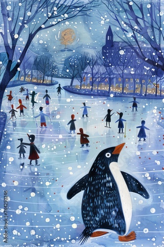 A painting featuring a penguin gracefully gliding across an ice rink, surrounded by a group of ice skaters. The penguins movements capture attention as it moves effortlessly on the icy surface