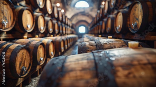 Rows of Wine Barrels in Wine Cellar