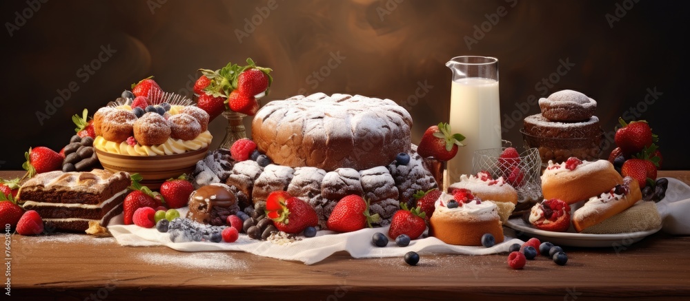 Table with assorted pastries and a glass of milk