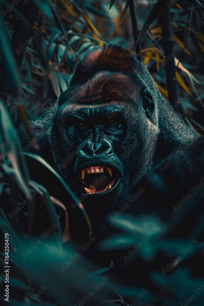 Obraz premium A powerful gorilla with its mouth open, displaying its large teeth, and beating its chest in the dense jungle environment. The gorilla exudes strength and dominance in its natural habitat