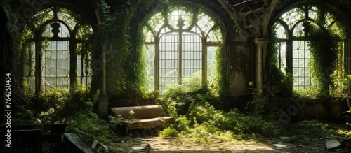 A room with a sofa and a window covered in vines
