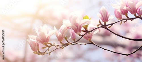 Flowering tree branch with pink blooms