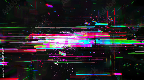 Colorful digital noise and light leaks on black TV screen background  creating dynamic glitch art effect. Abstract backdrop