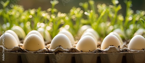 Seeds in biodegradable carton on top of soil photo