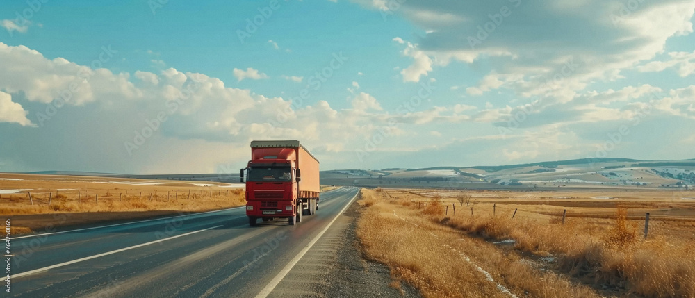 Truck vehicle driving moving on highway road. Business service. Freight lorry trailer shipping distribution, delivering logistic commercial shipment, transportation industry, cargo delivery transport. - obrazy, fototapety, plakaty 