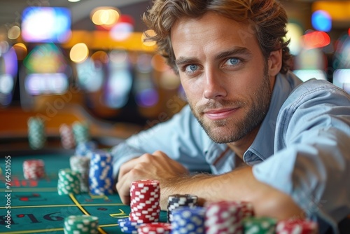 Attractive young man playing poker at a casino table with a focused demeanor
