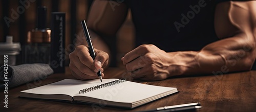 Person writing in notebook with pen photo