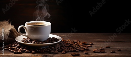 A cup of coffee and coffee beans on a saucer