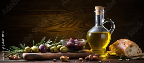 Olives, bread, and olive oil on a wooden table