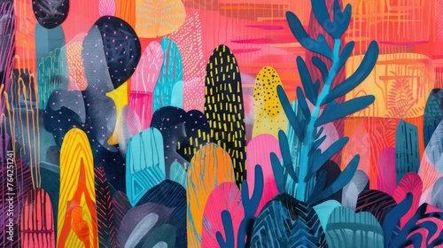 a colorful art piece with cactus in the middle.
