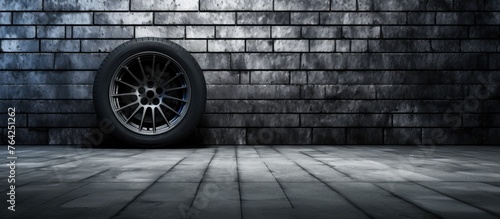 Rubber tire against brick wall with brick floor photo