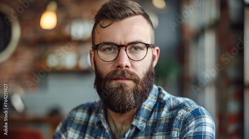 Bearded man in glasses with a thoughtful expression. Casual style studio portrait on a blurred indoor background