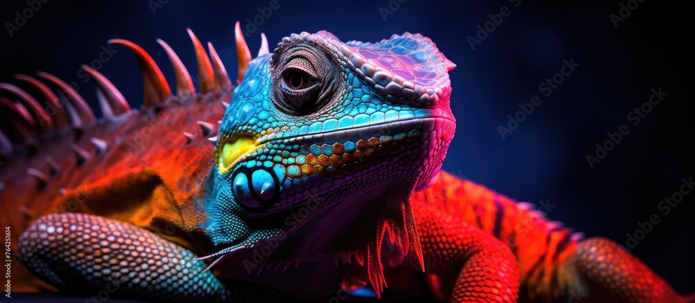 Obraz premium Colorful chameleon with long tail and striking eye