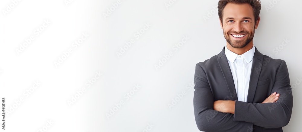 Businessman in a suit with arms crossed, smiling on light background Businessman in a suit with arms crossed, smiling on light background